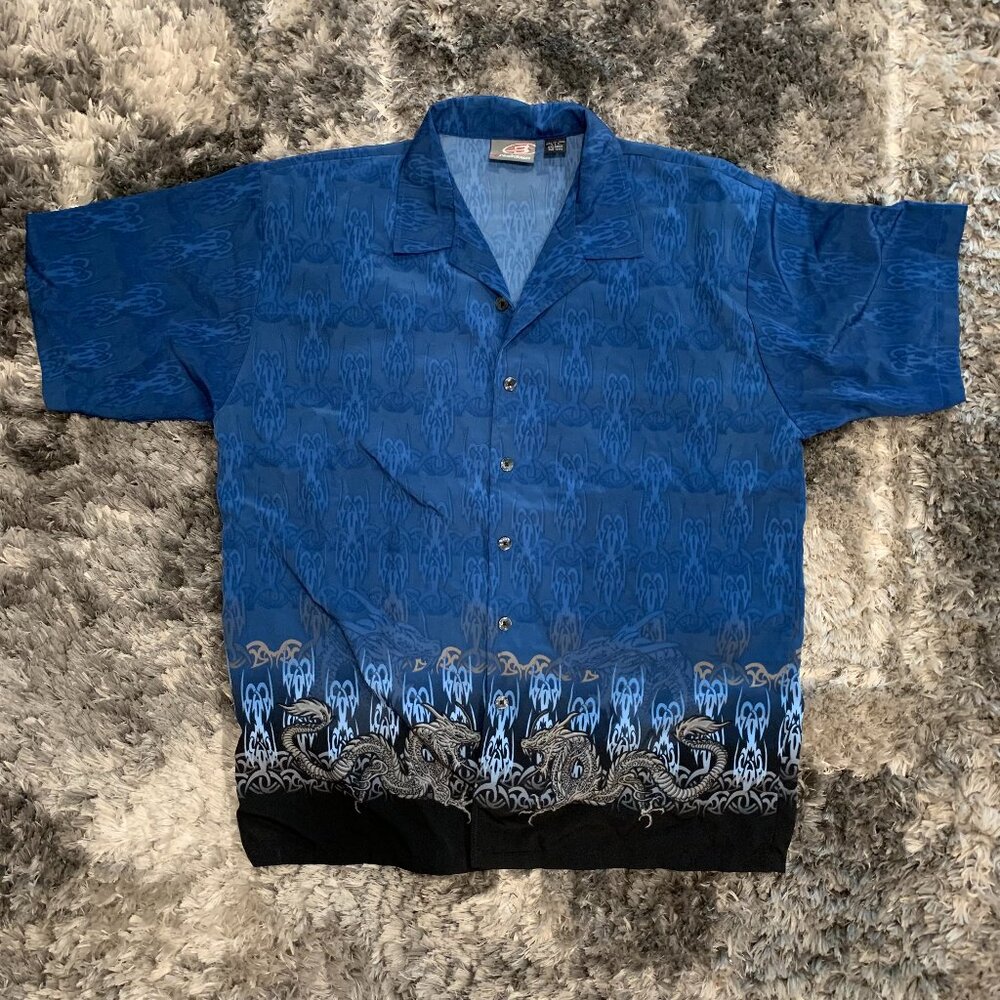 Breakdown Men's 2XL Dragon Button Up Shirt Blue Tribal Print Polyester